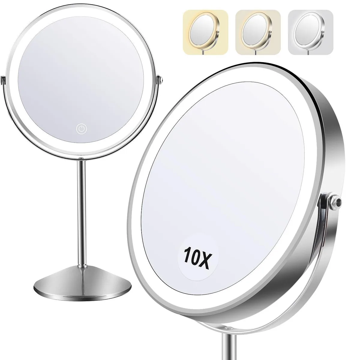 Round silver metal mirror on curved base, two-sided with lights