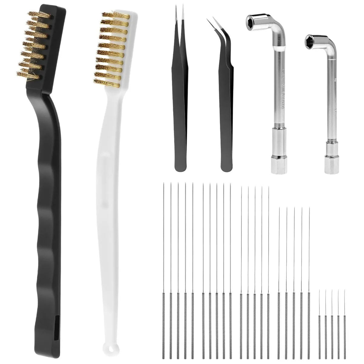 26-piece 3D printer nozzle kit with pins, brushes, tweezers and wrenches in a storage box