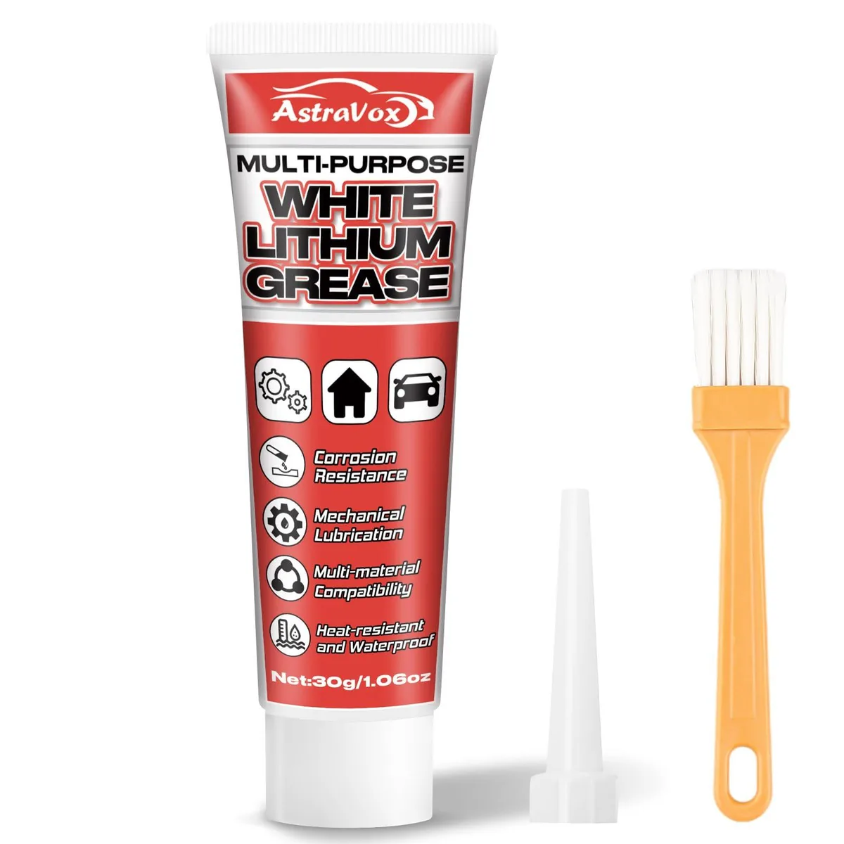 Small white tub of AstraVox lithium grease with brush attached