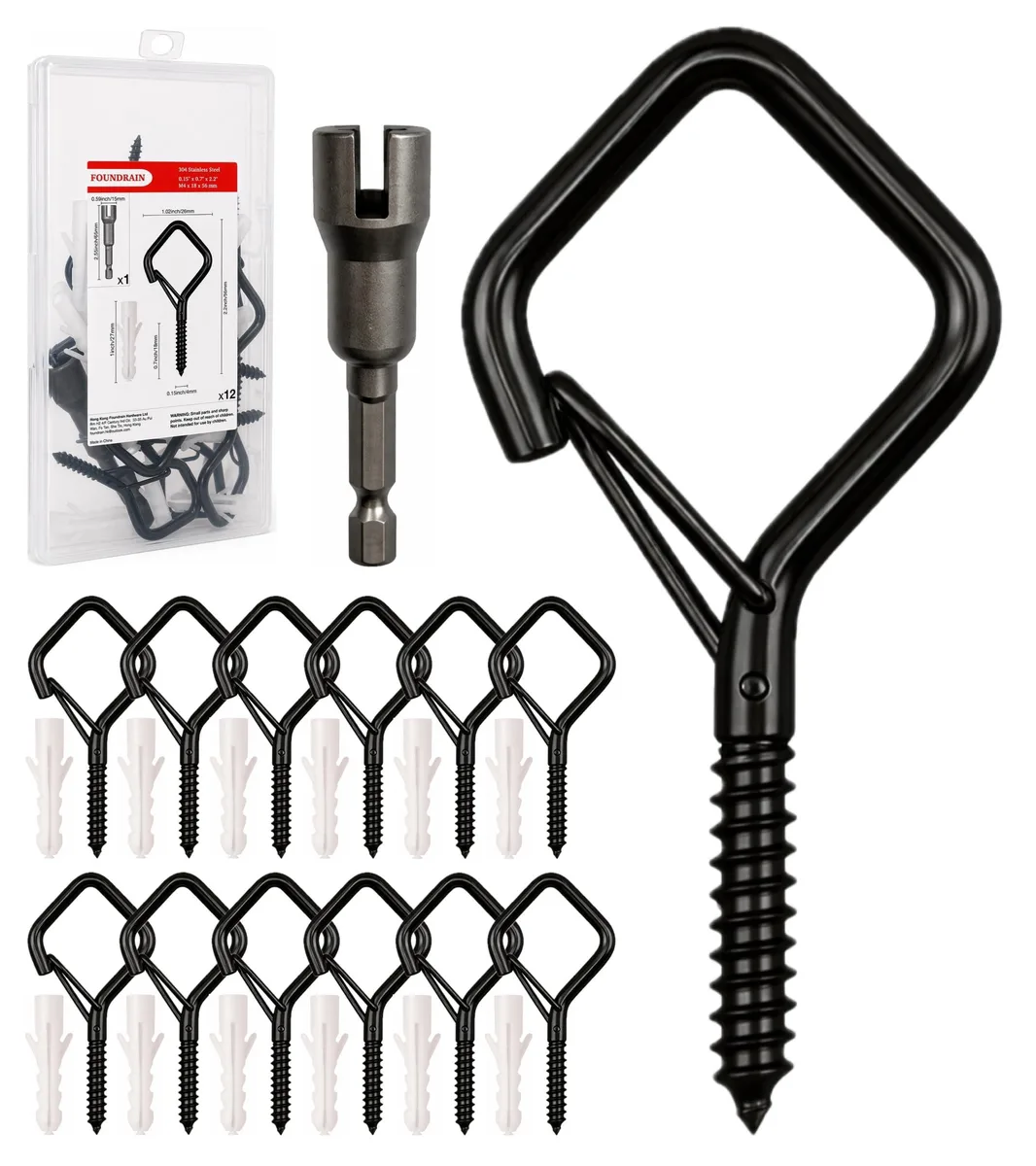Twelve black stainless steel screw eye hooks with driver bit