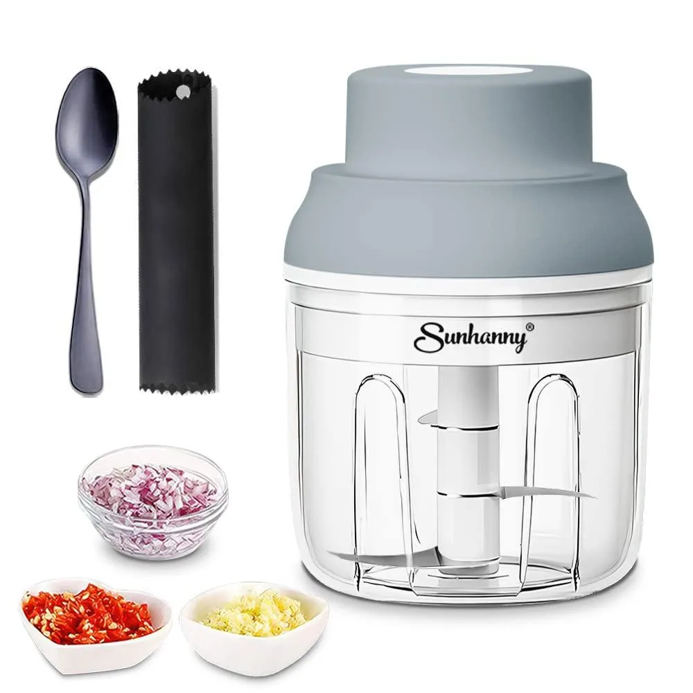 Compact gray mini food processor with lid and blades