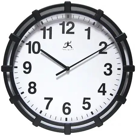 Black round wall clock with decorative plastic frame, 16 inches