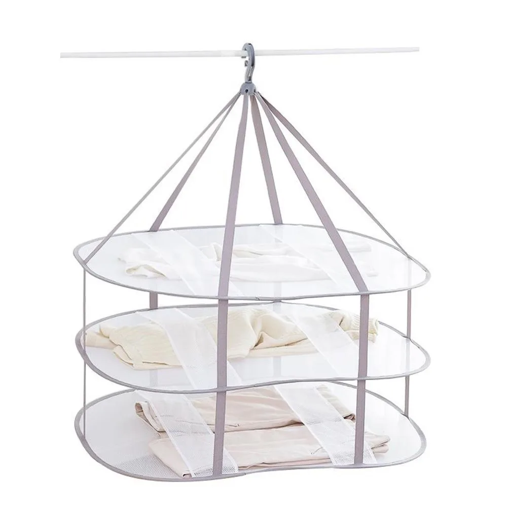 Grey three-tier mesh drying rack folded into an 11-inch flat circle with plastic hook