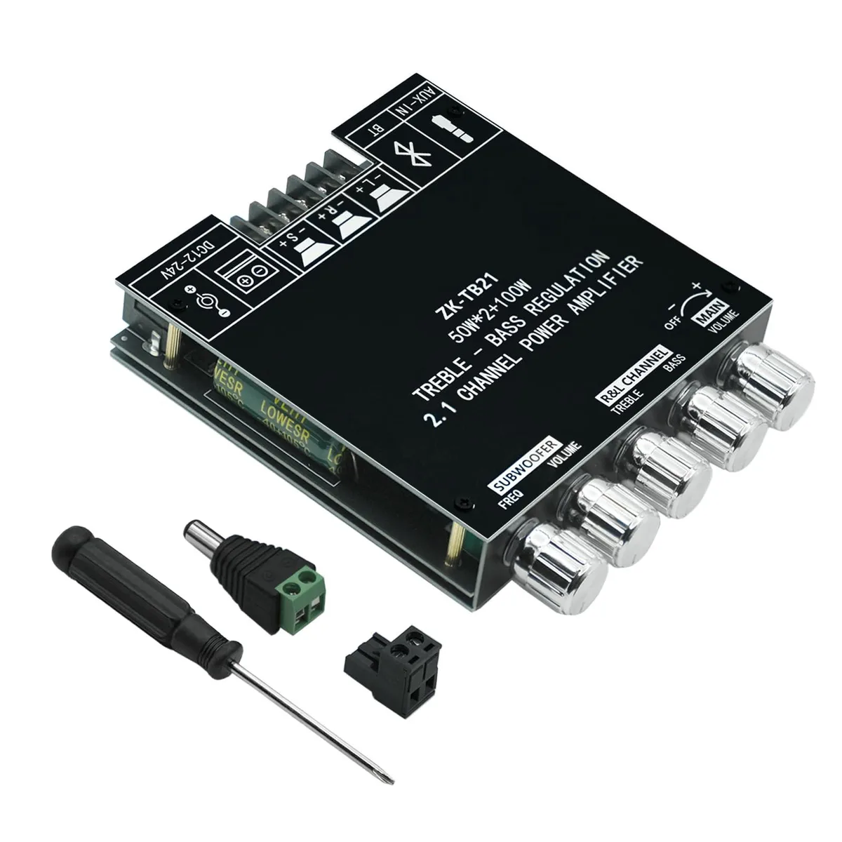 Green rectangular amplifier board with silver heatsinks, black knobs and blue Bluetooth antenna