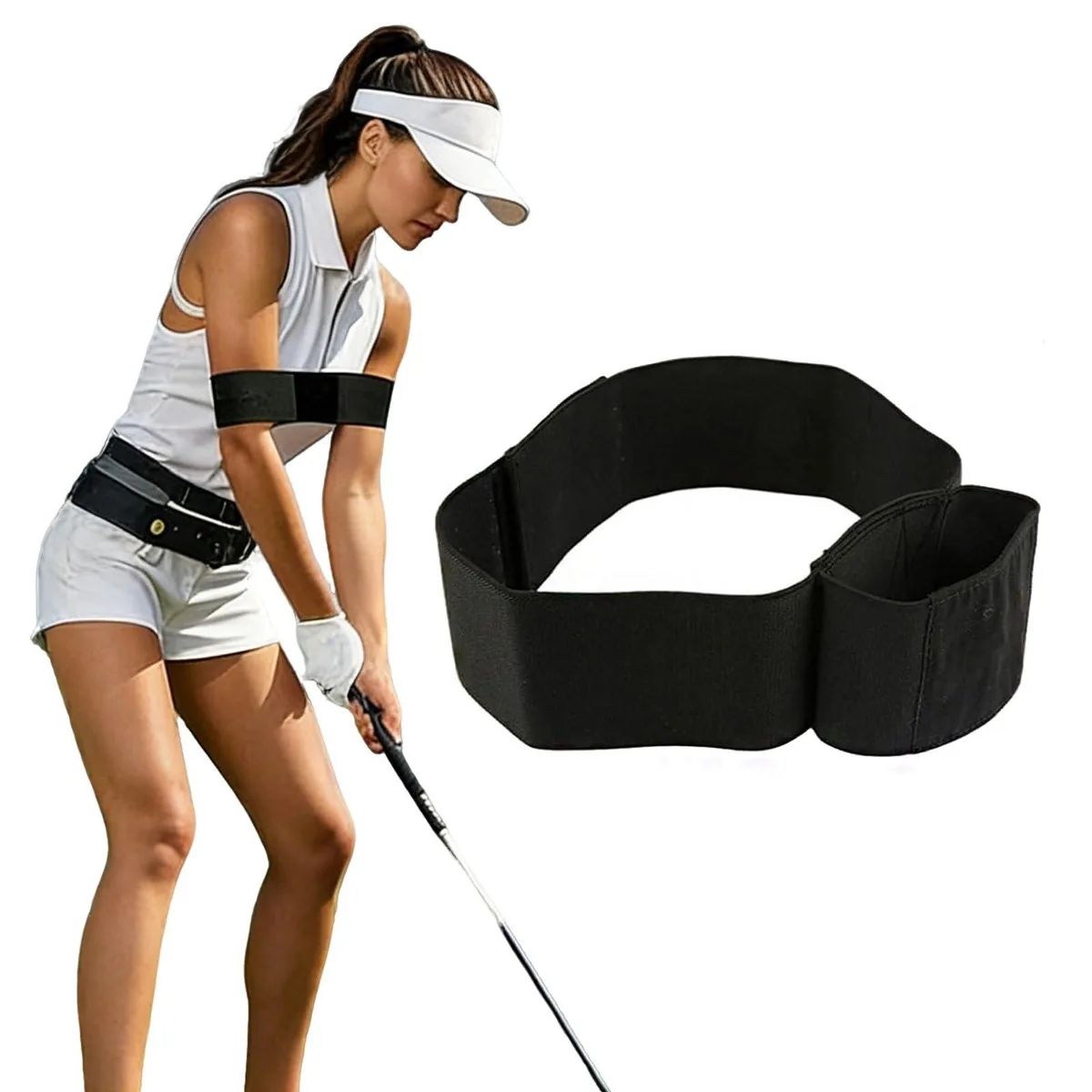 Black elastic nylon arm band with adjustable strap forming a loop for golf swing training