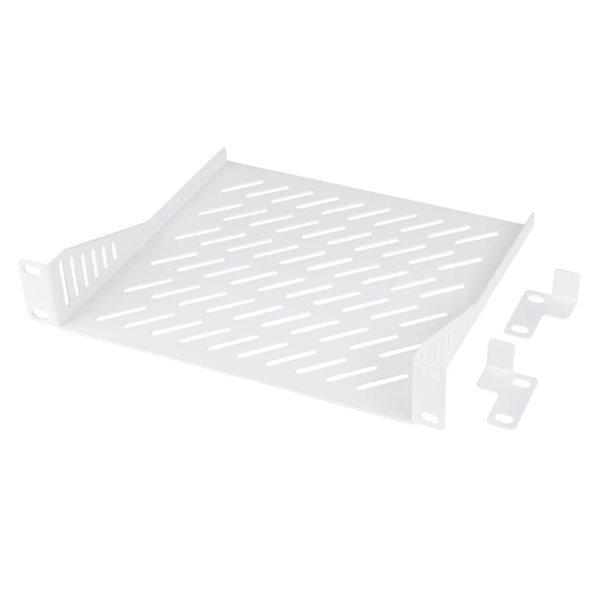 White 1U steel rack shelf with vented surface and mounting hardware