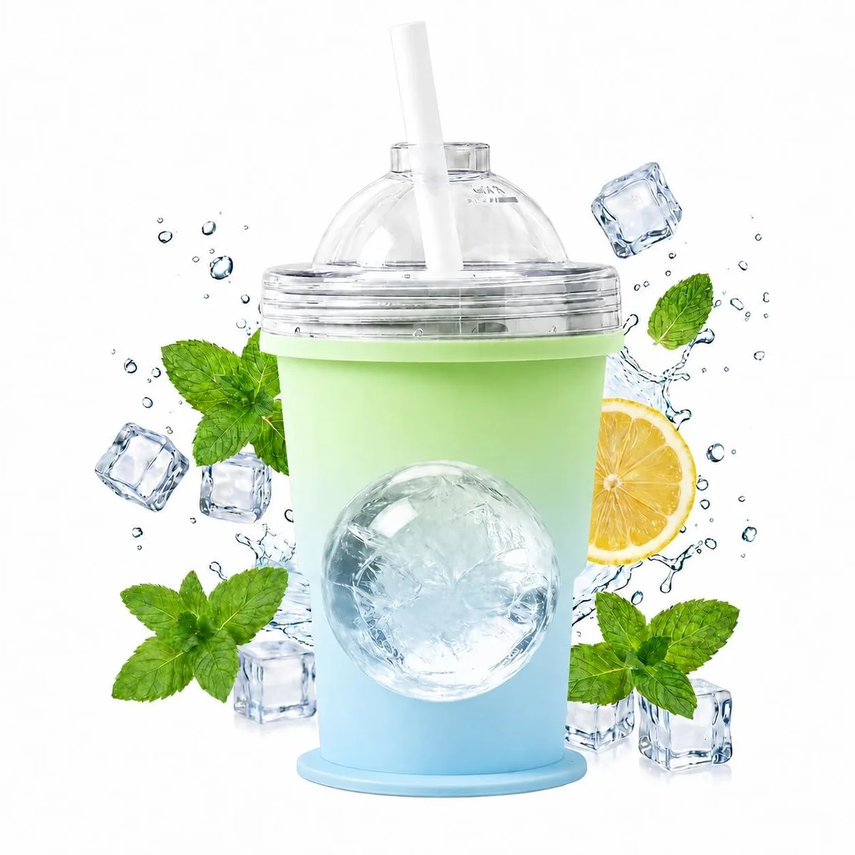 Blue-green collapsible silicone cup with dome lid and straw, 3.35 by 5.7 inches