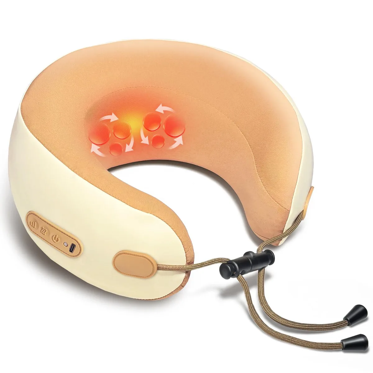 White U-shaped cordless massage pillow with heating, off-white fabric finish