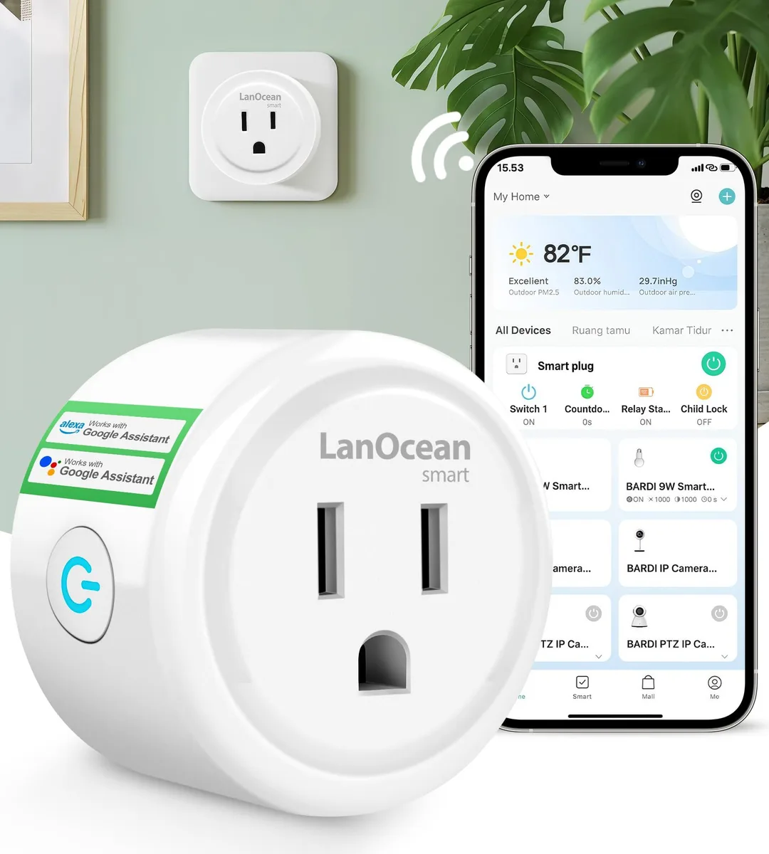 Compact white smart plug with push button and blade prongs, 5.51 by 5.58 by 5.68 cm