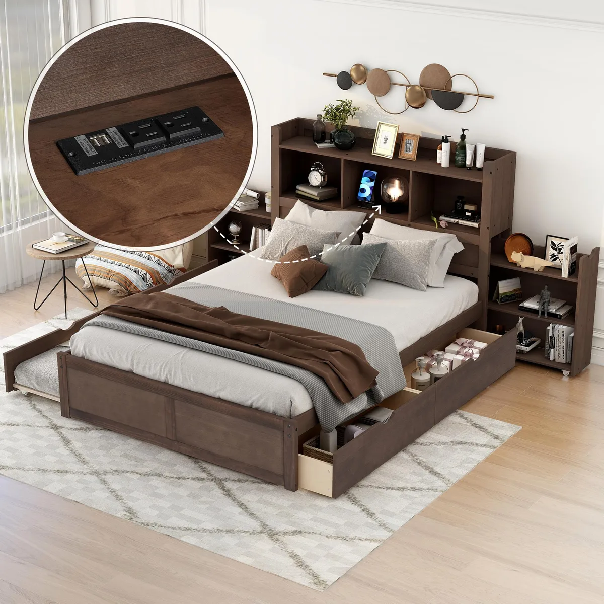 Espresso finished full size platform bed with headboard shelves twin trundle and two drawers