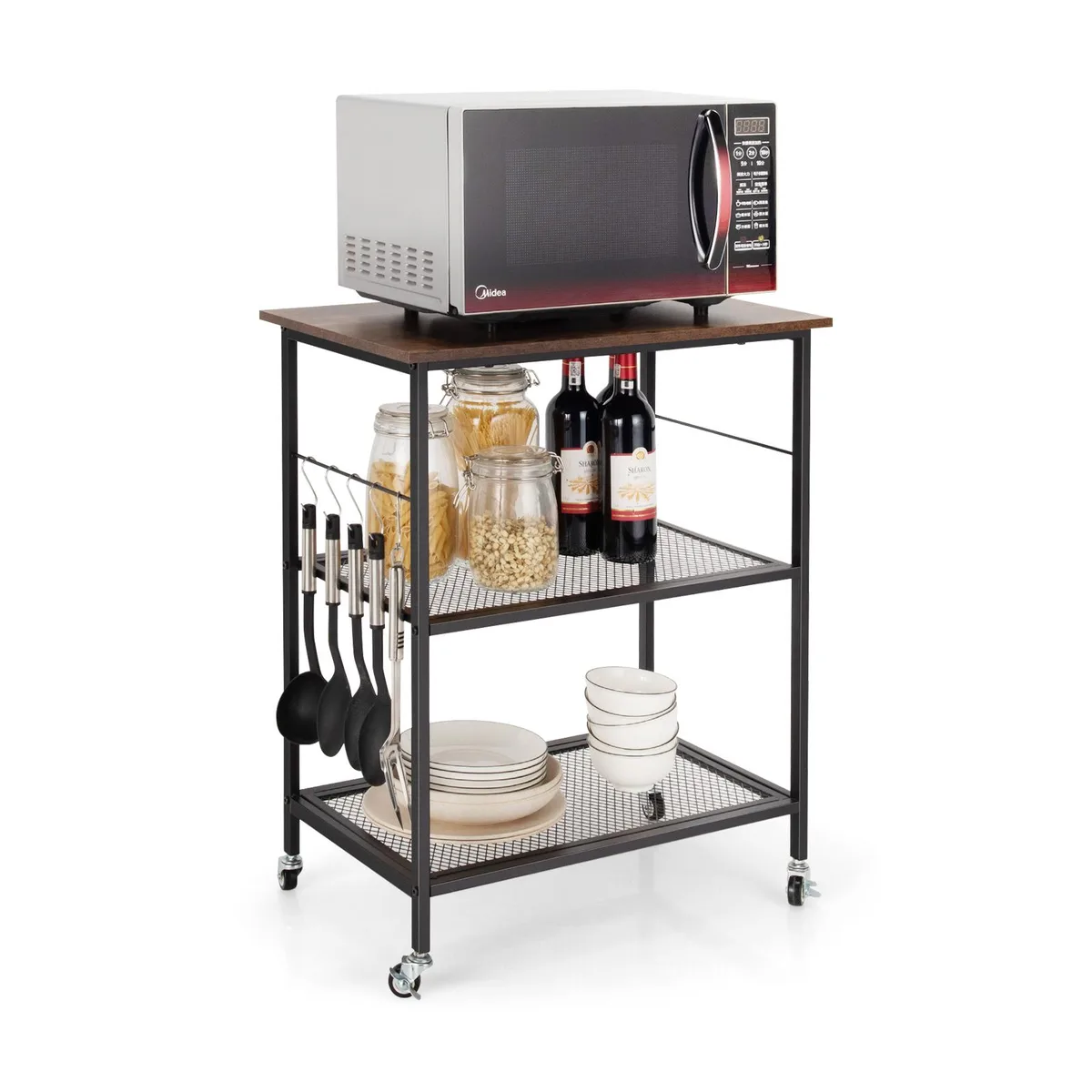 Black three-tier metal kitchen cart on four wheels with side bars and hooks