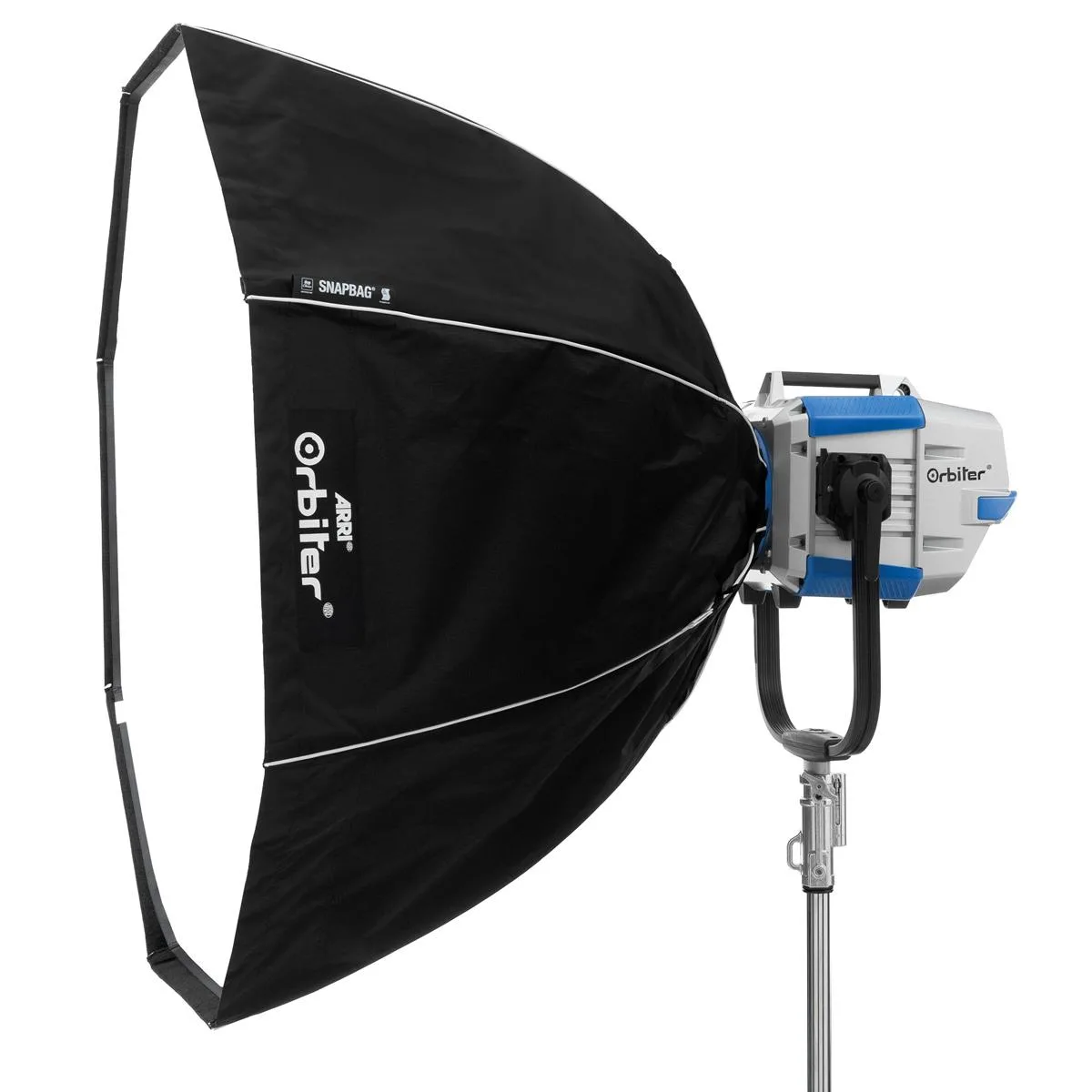 Octagonal 47 inch softbox with diffusion panel and silver interior, mounted on Orbiter light