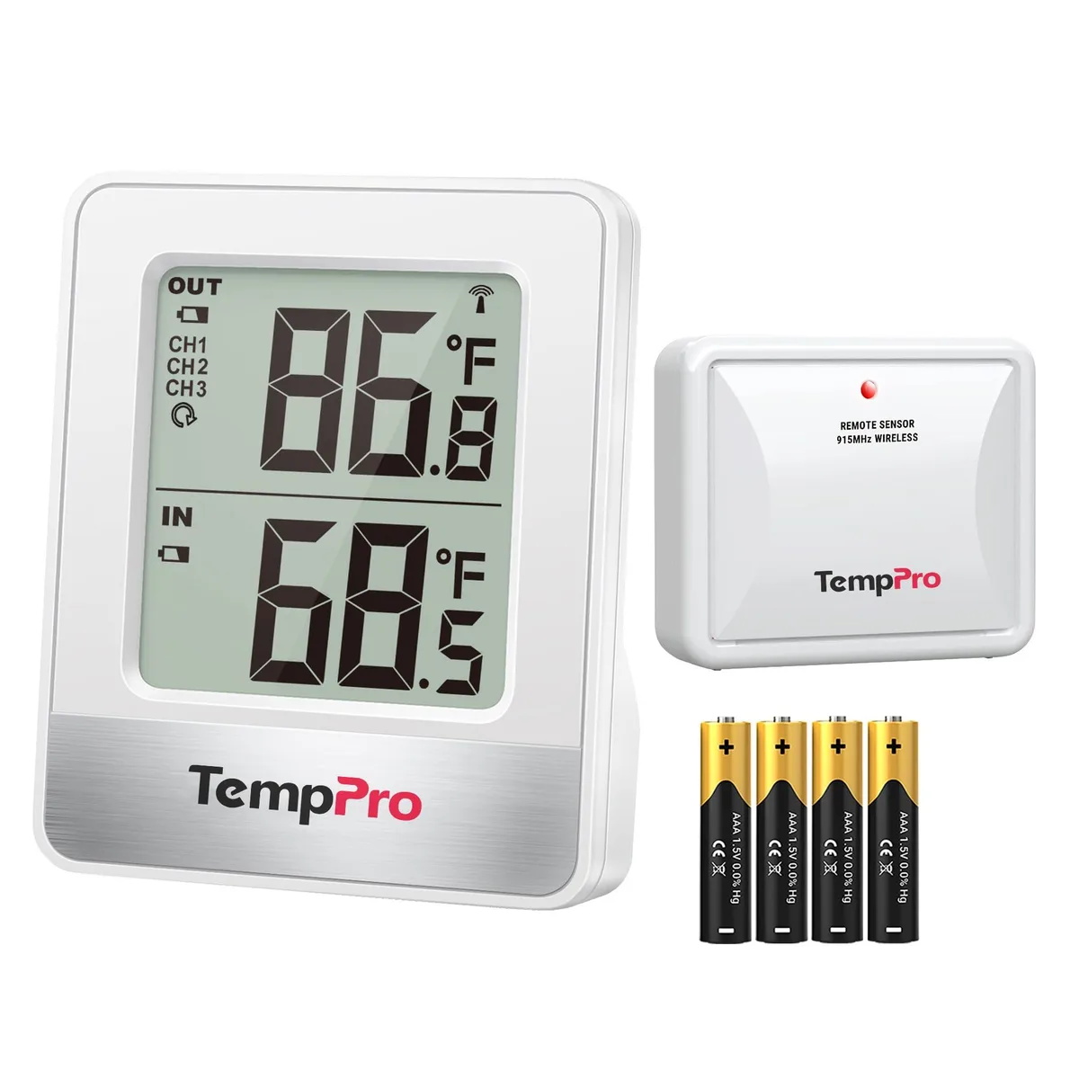 Black wireless thermometer receiver with LCD display and three remote sensors