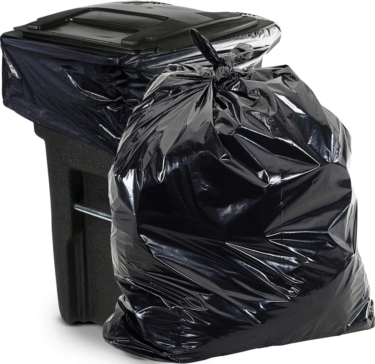 Three white 65 gallon 1.5 mil garbage bag packs