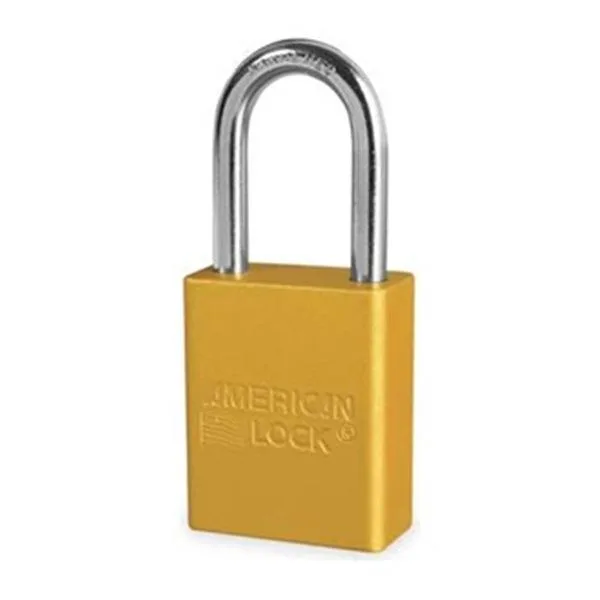 Yellow anodized aluminum safety padlock with boron alloy shackle