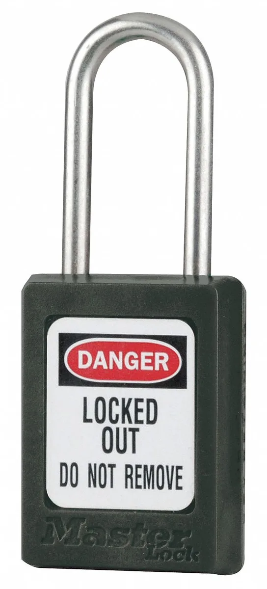 Black thermoplastic padlock with stainless steel shackle, keyed different, non-key retaining