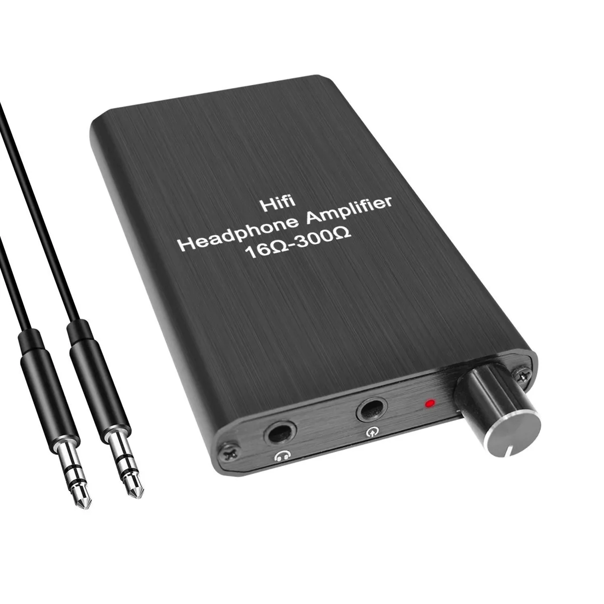 Small rectangular portable headphone amplifier with matte finish, volume knob, 3.5 mm jacks and gain switch