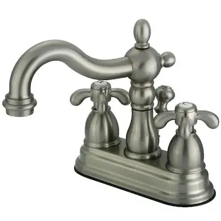 Satin nickel two-handle centerset faucet with brass pop-up drain