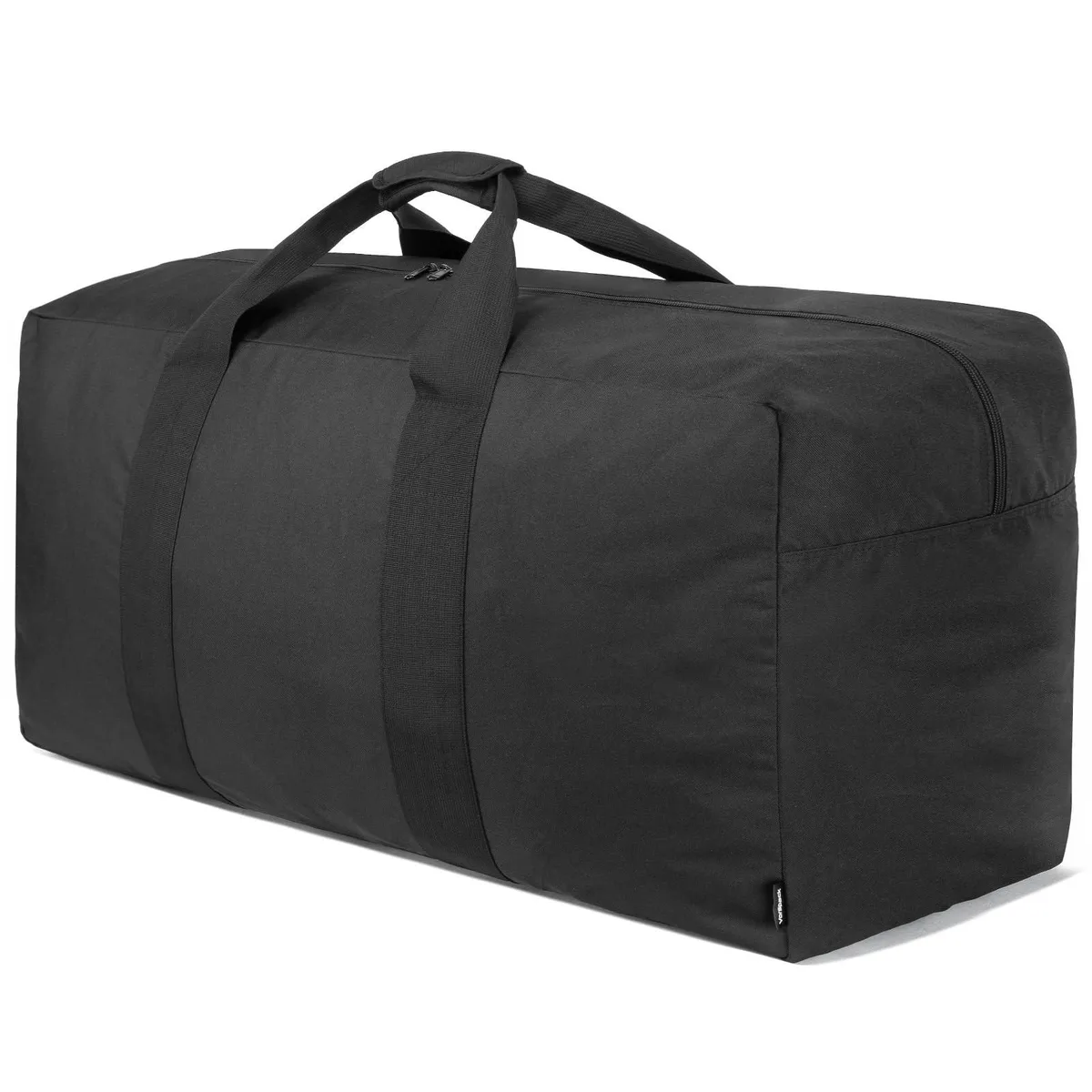 Black 29-inch duffle bag made of 600D polyester with wide webbing straps and padded handle