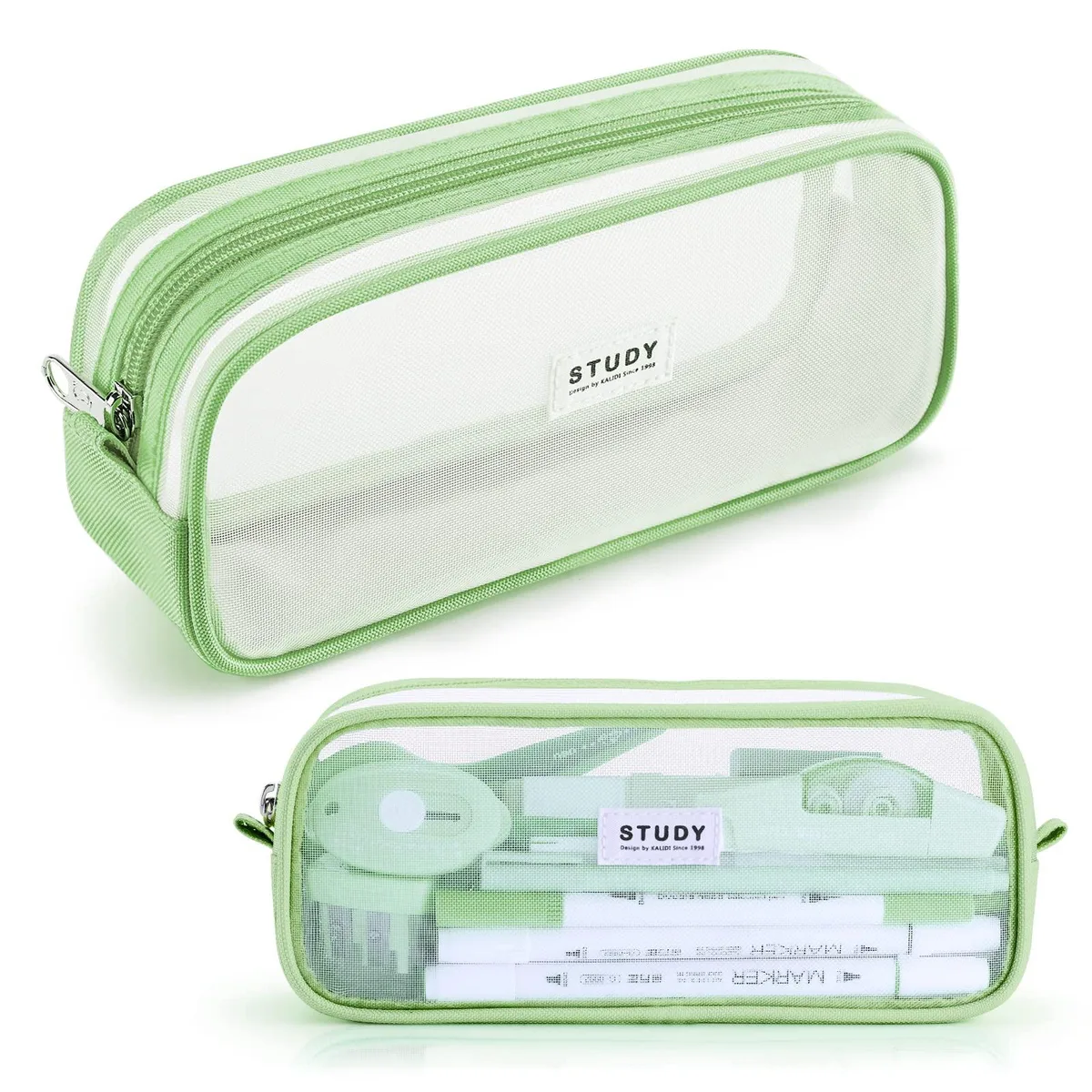 Transparent nylon mesh pencil case with zip closure, rectangular shape, multiple colour options