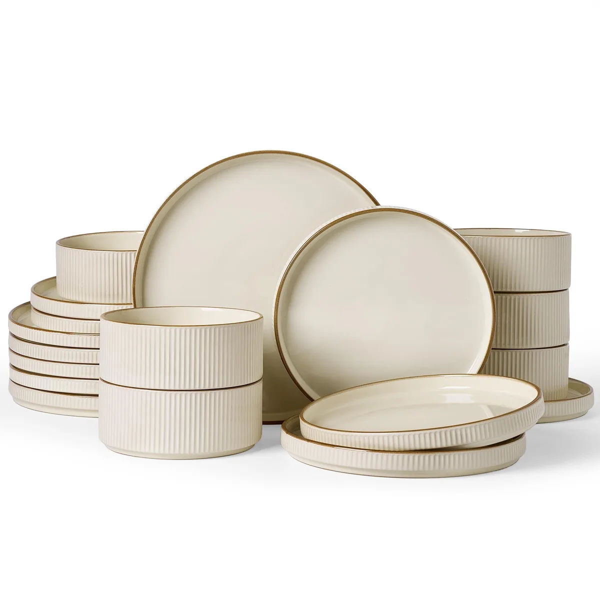 White square stoneware plates and bowls with cream trim and ribbed texture, 18-piece set