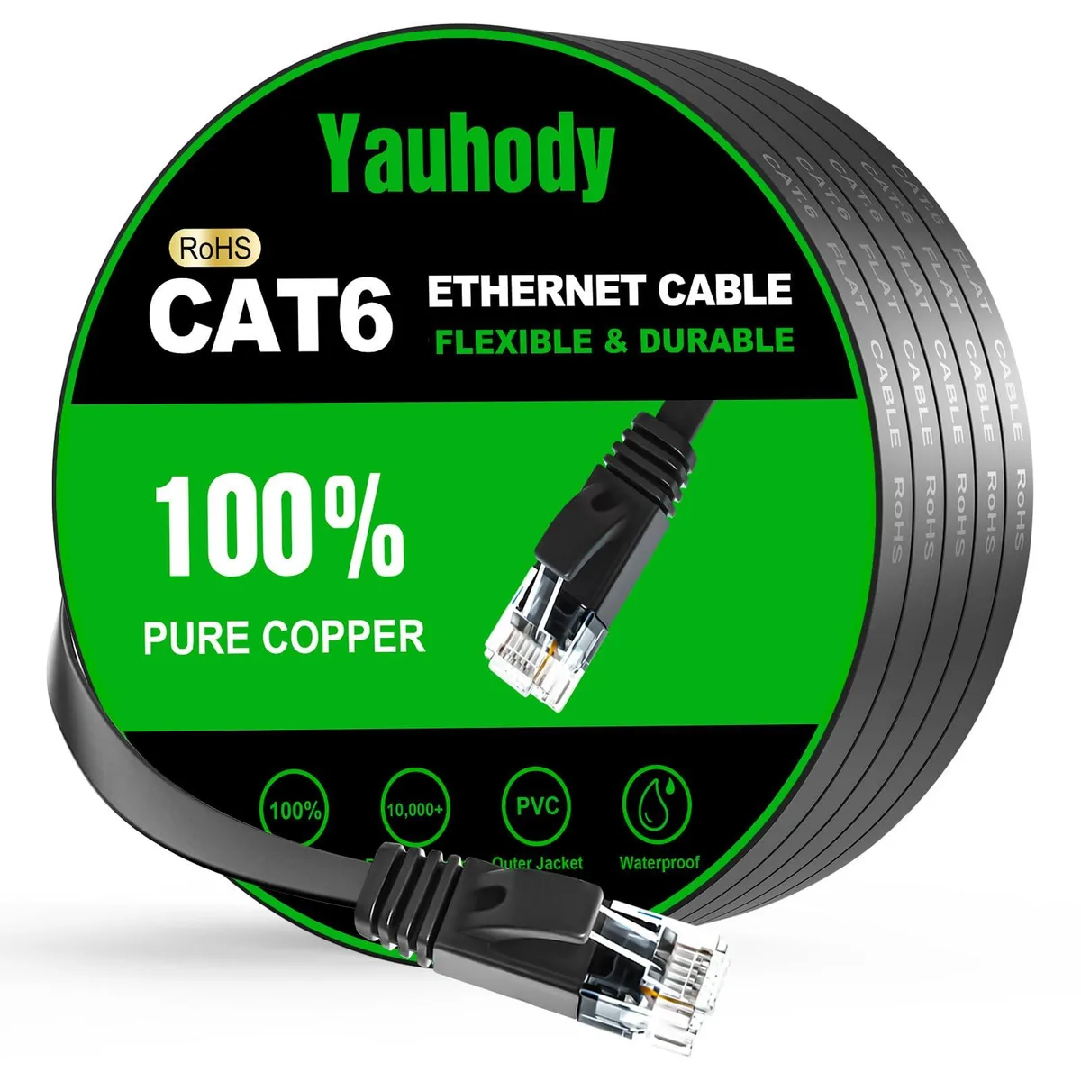 Flat black Cat 6 Ethernet cable 50 ft with gold RJ45 connectors