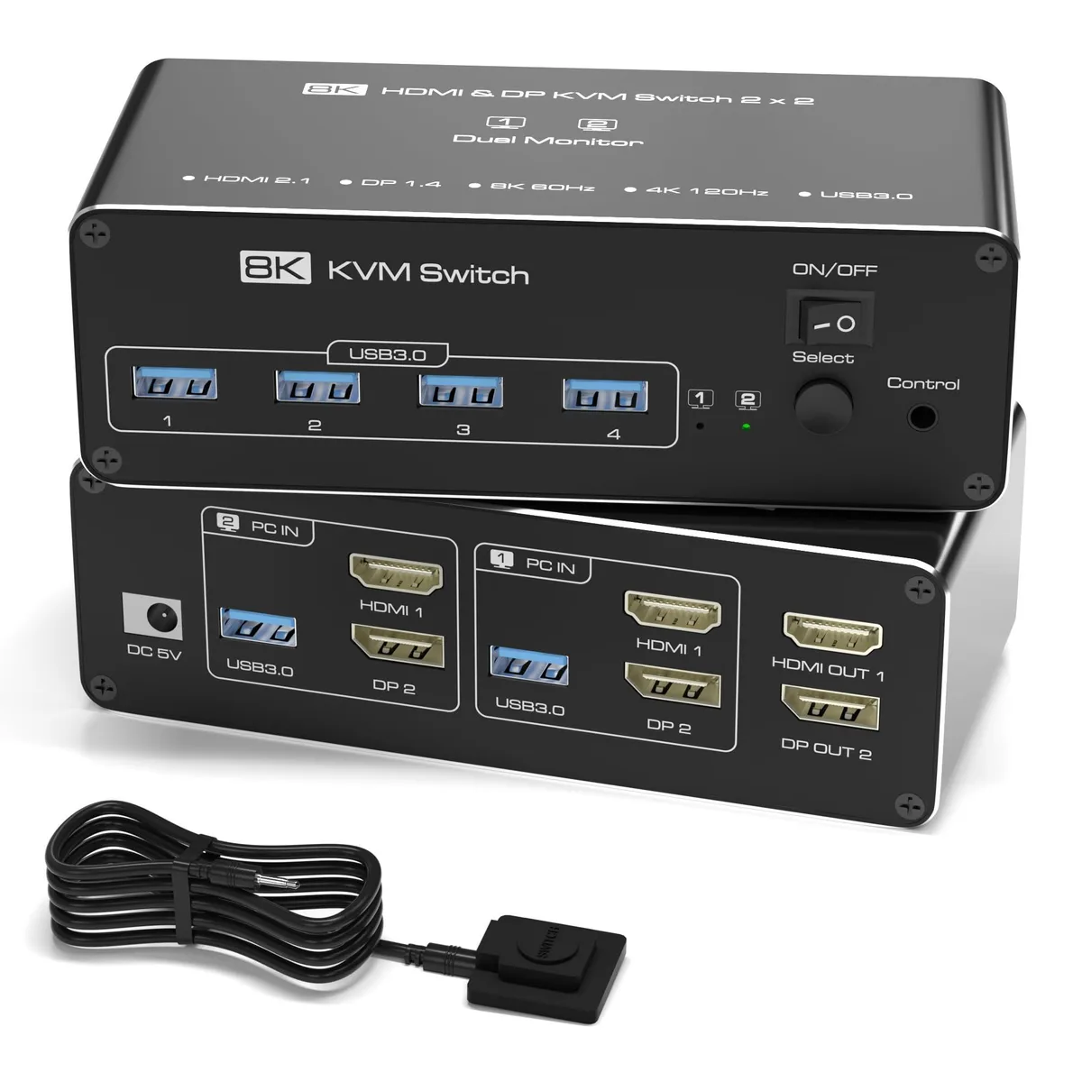BUCIER BUCIER KVM-504B KVM Switch 2 PC 2 Monitor HDMI DP 8K 60 4K 120 USB 3.0 — product photo