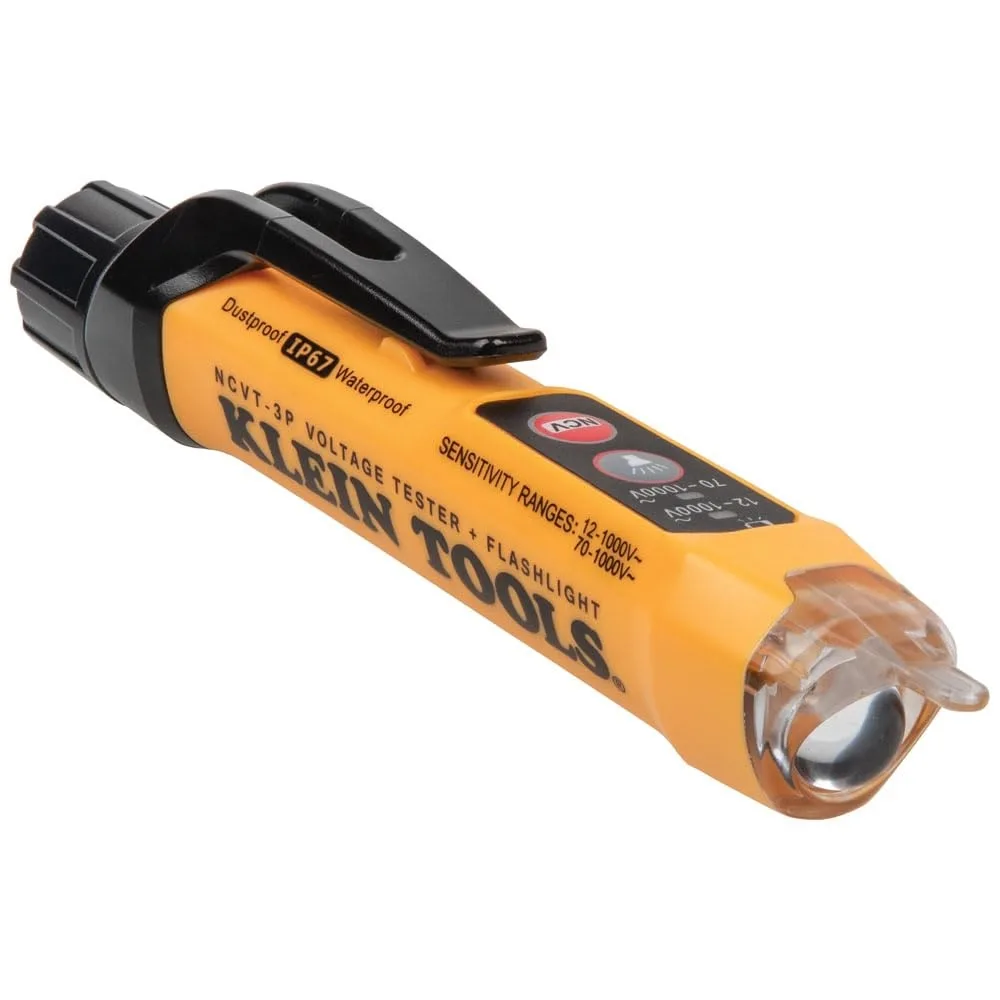 Yellow pen-style voltage tester with pocket clip and flashlight tip