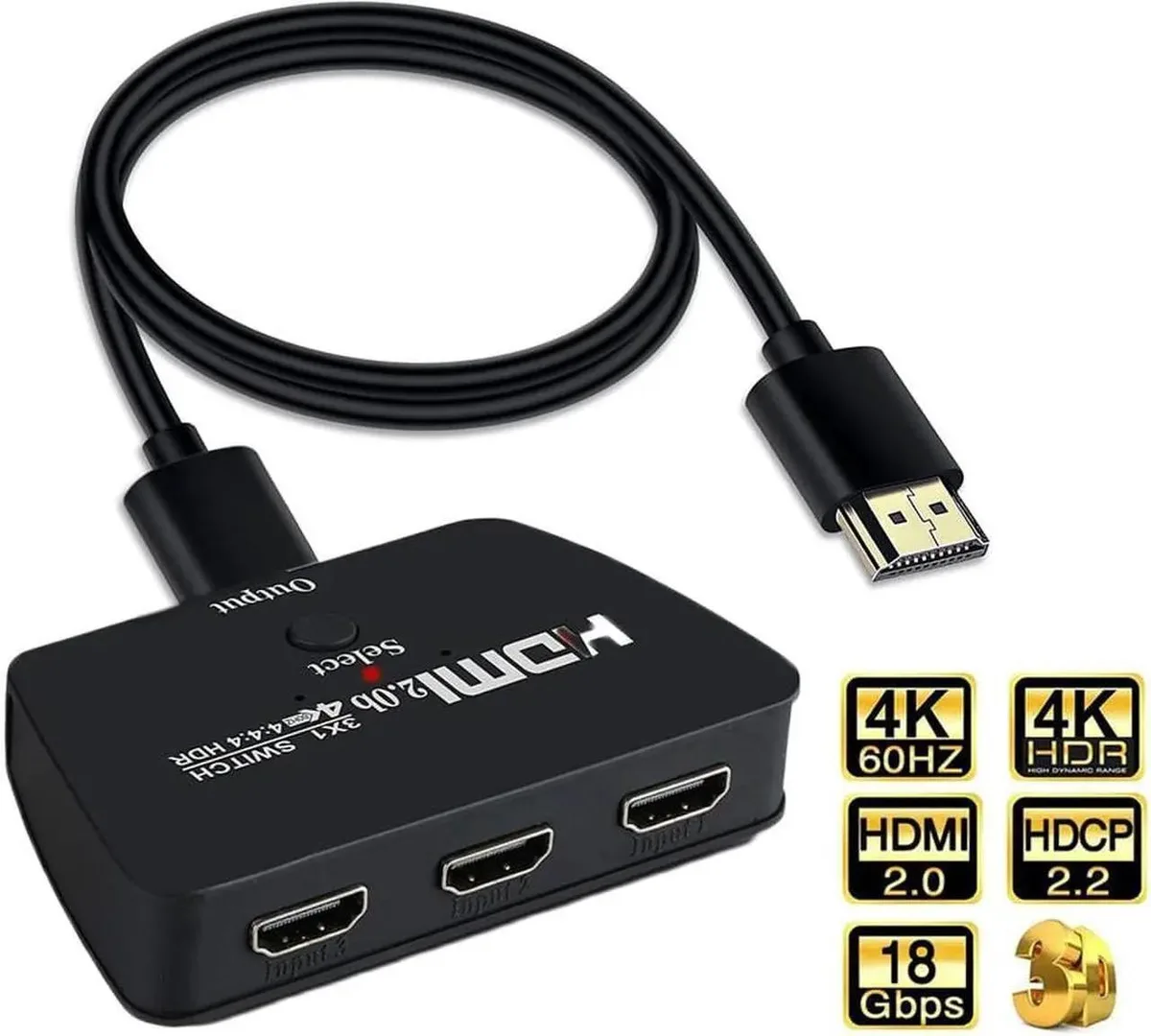 Vszerda Vszerda HDMI Switch 3×1 4K 60Hz HDCP 2.2 with 3.9ft Cable — product photo