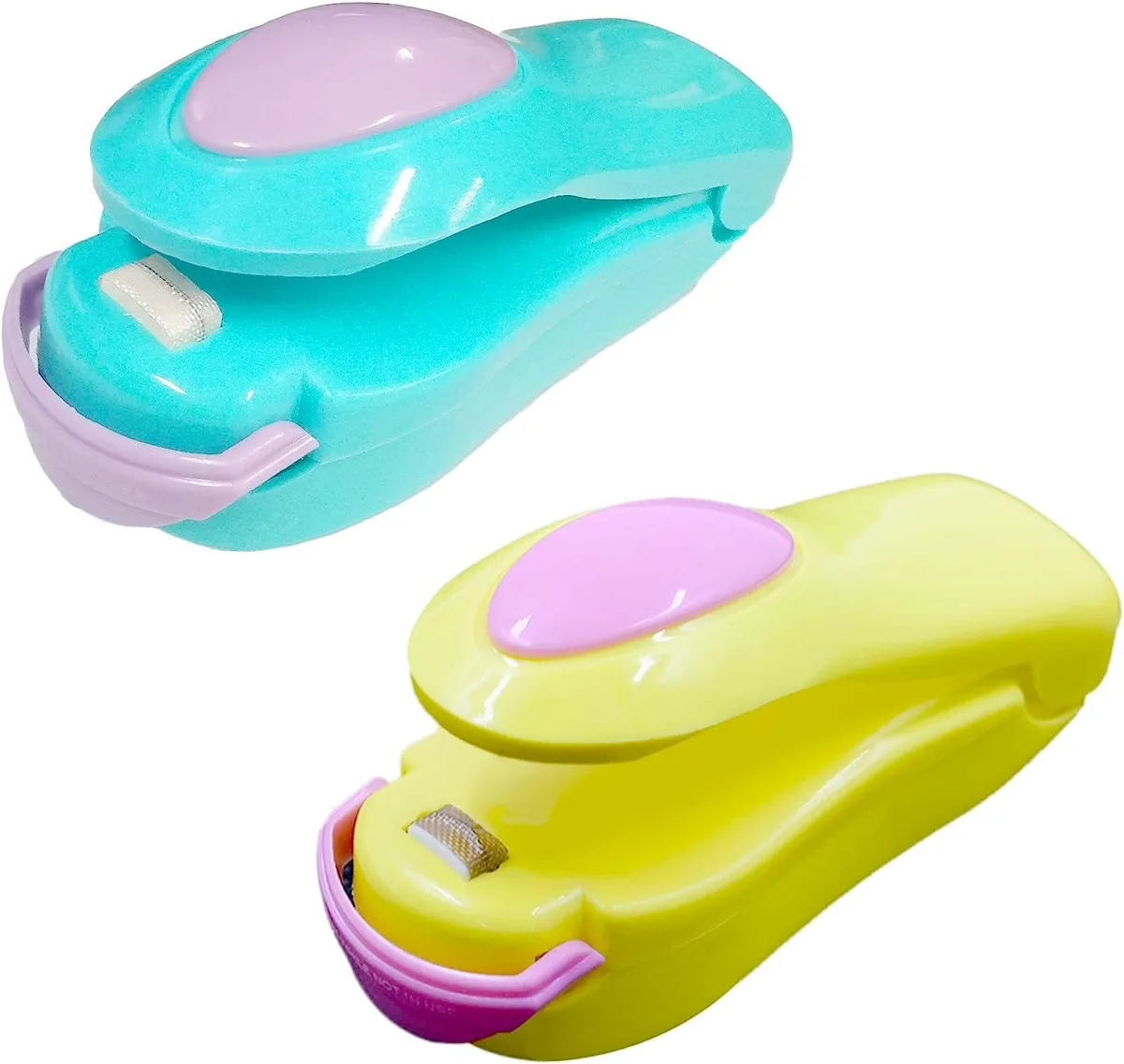 Two small handheld plastic bag sealers in assorted colours