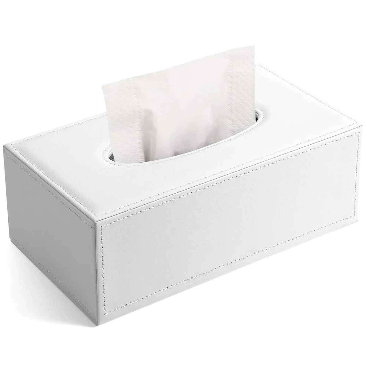 White rectangular PU leather tissue box cover with magnetic bottom