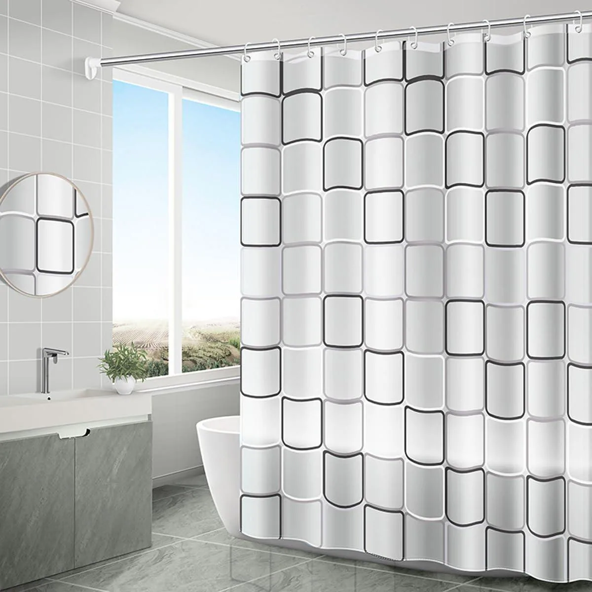  SUJAYU Shower Curtain Liner 72x72 Inch Black Grid 12 Hooks — product photo