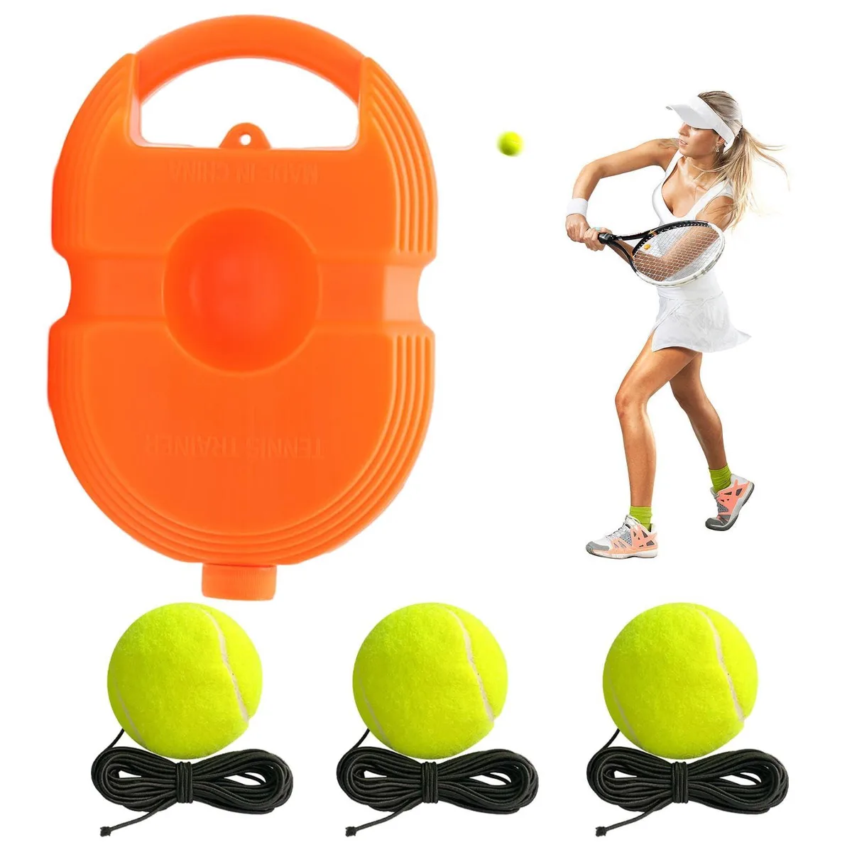 Yellow tennis rebound trainer base with three tethered balls and elastic cords