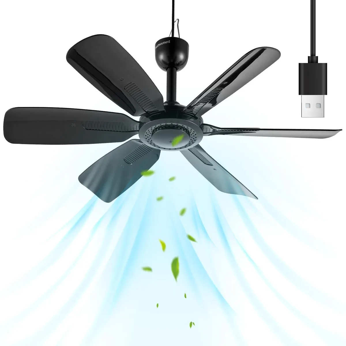Black 17.7 inch portable ceiling fan with six slender blades and compact motor housing