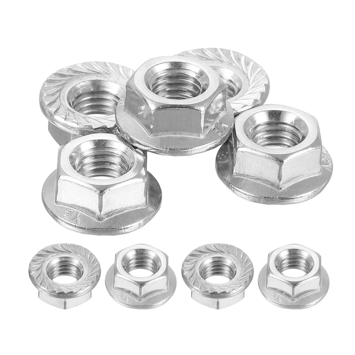 uxcell M8x1.25mm 304 Stainless Steel Serrated Flange Left Hand Nuts 5pcs — product photo