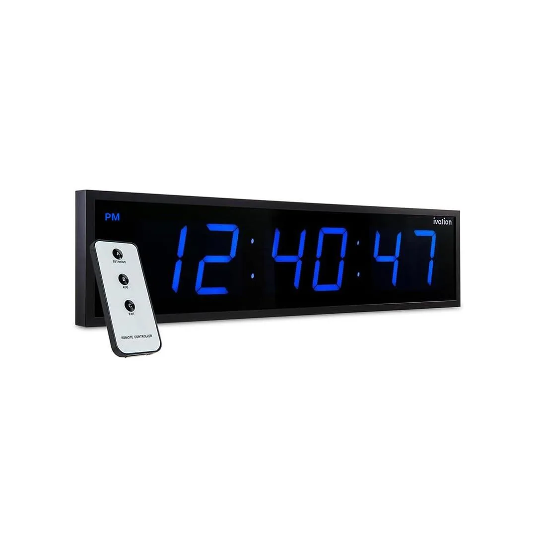 Large blue digital LED clock, twenty-four inches wide, slim rectangular shape with glossy finish