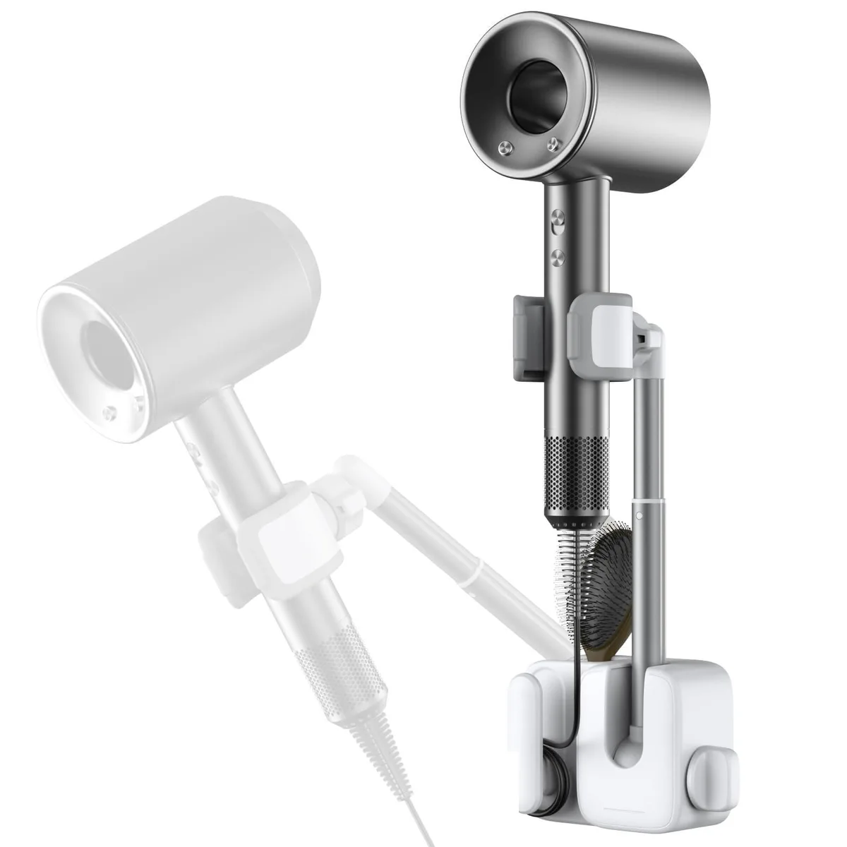 White wall-mounted hair dryer holder with adjustable arm and storage shelf