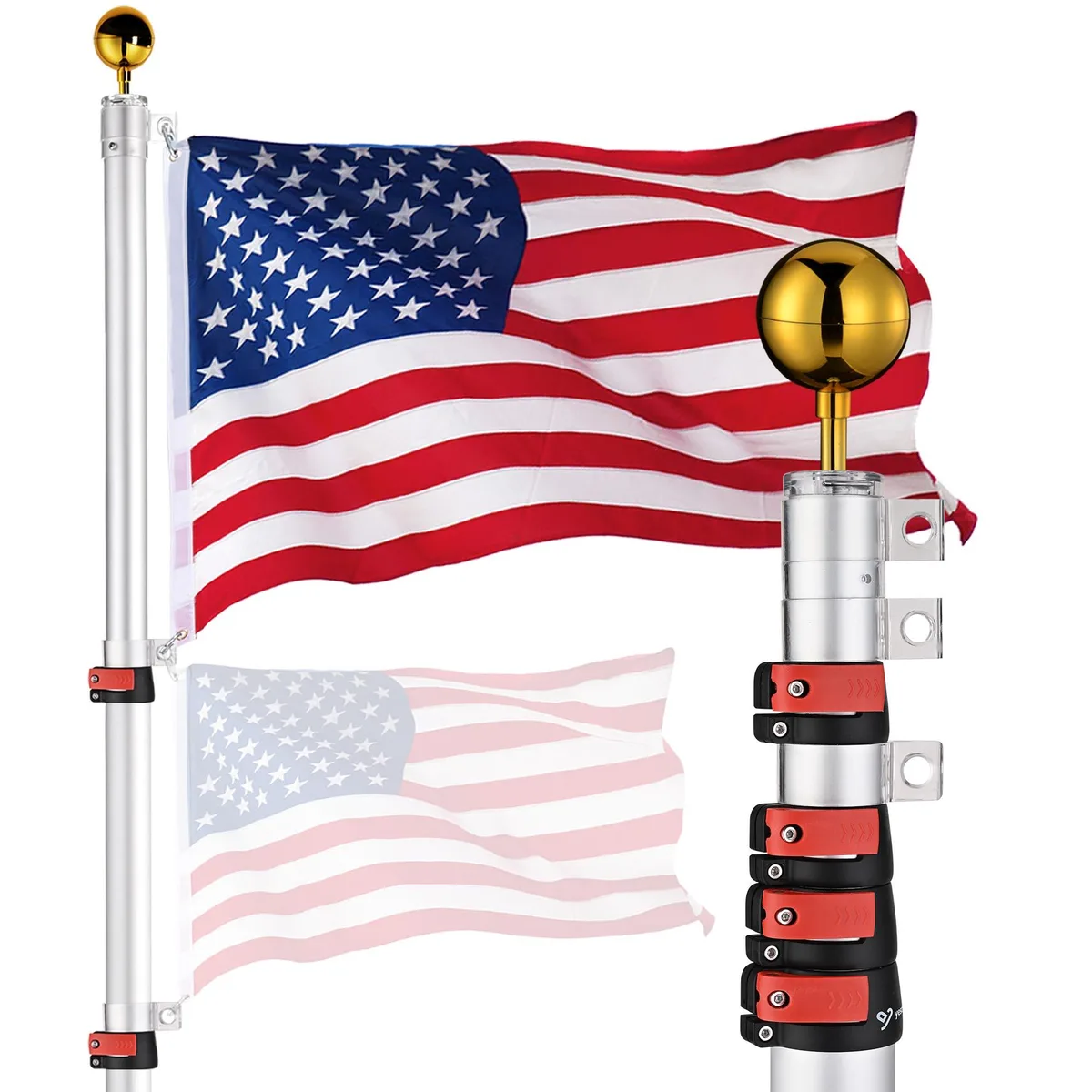Yescom USA, Inc. Yescom USA, Inc. 25ft Telescopic Flag Pole Kit with US Flag Silver — product photo