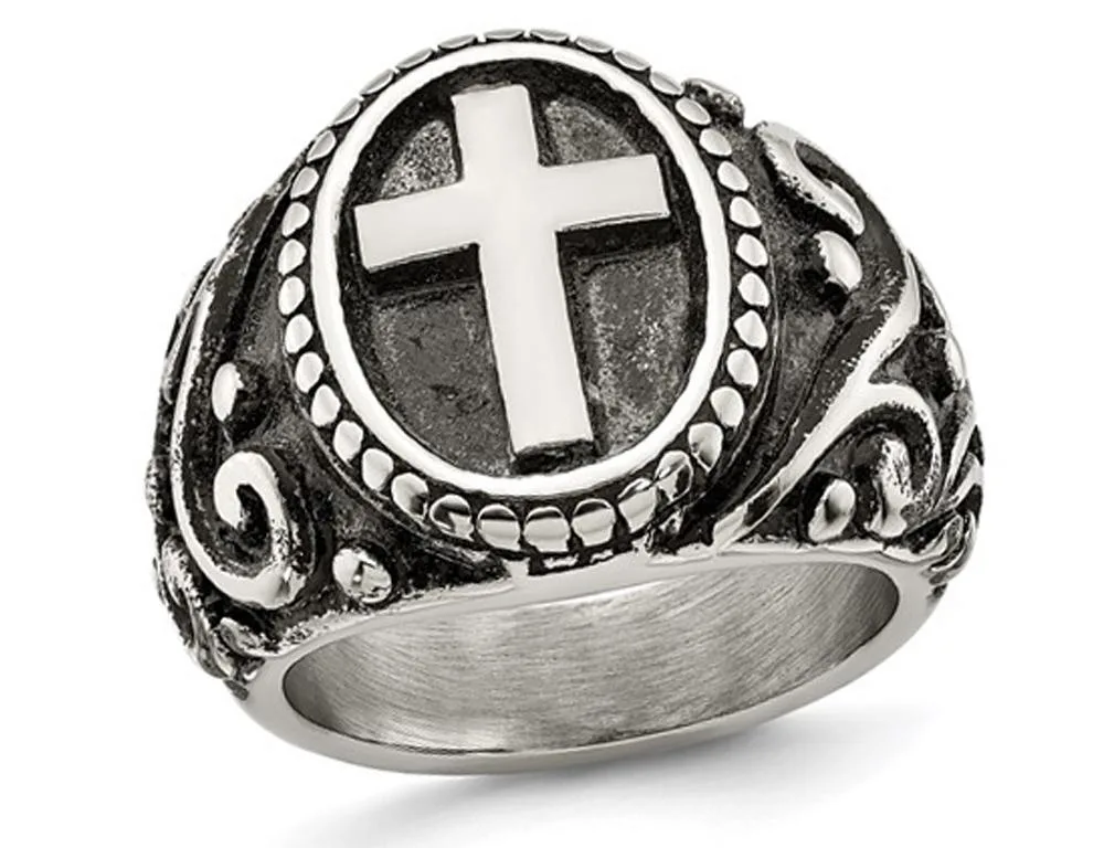 Gem & Harmony Gem & Harmony Antiqued Stainless Steel Ring with Cross 21.00g — product photo