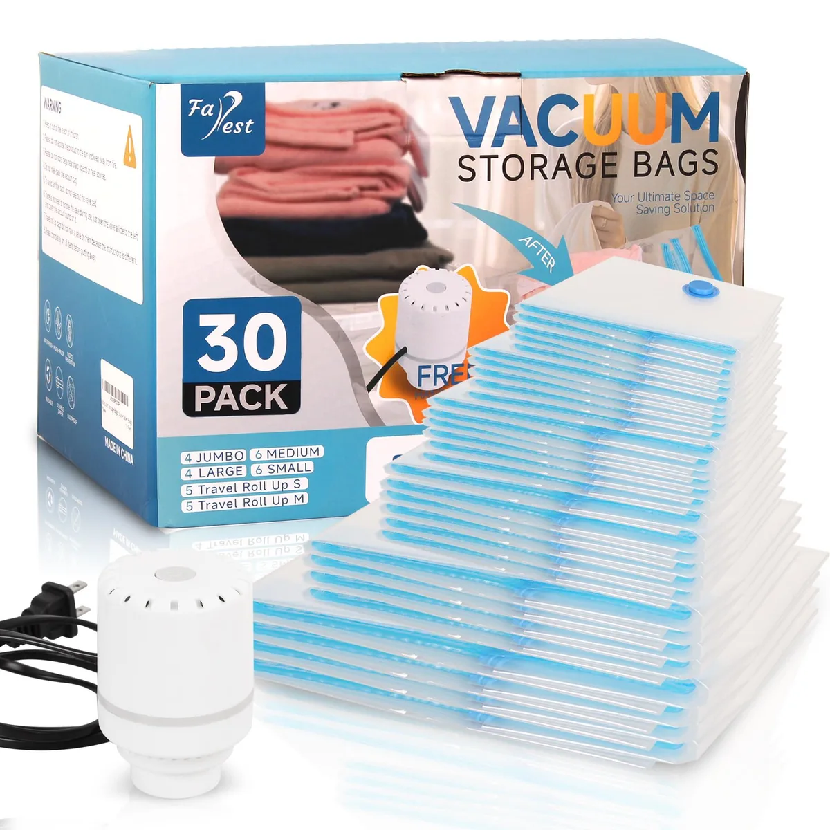 Farest 30 COMBO Vacuum Storage Bags 30 Pack with Electric Pump — product photo