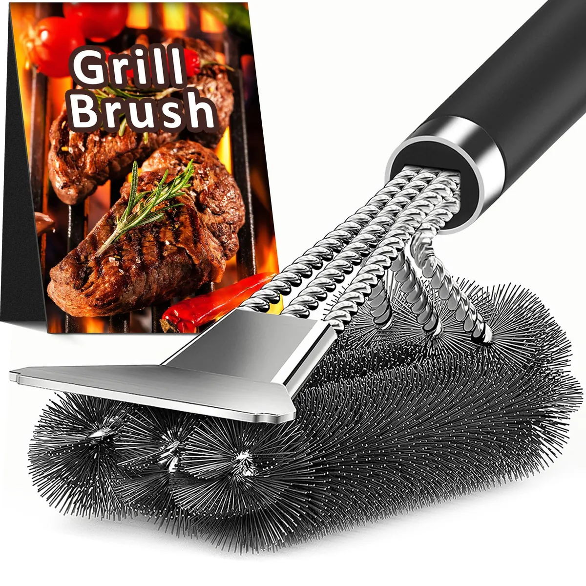 Metra grill brush with scraper, adjustable 18 inch handle, stainless steel bristles