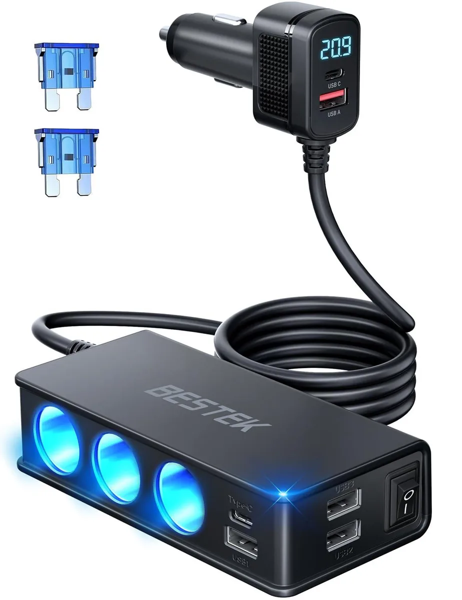  BESTEK TR-49 9-in-1 Cigarette Lighter Splitter 148W — product photo