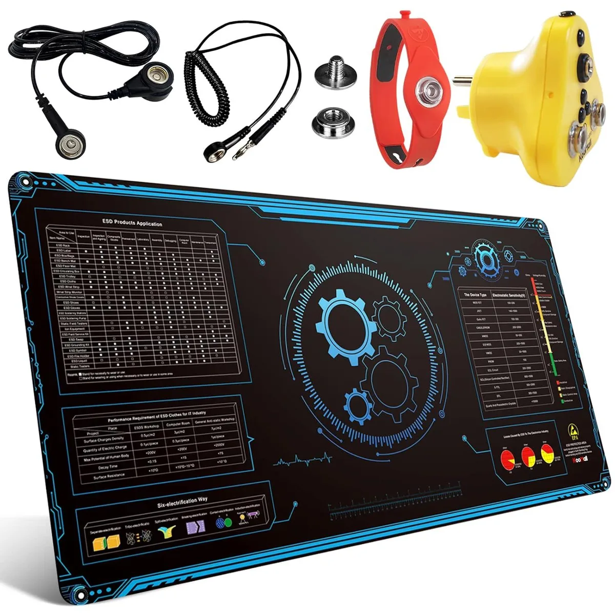 Large 48 by 24 inch anti-static rubber mat with dotted texture, grounding plug, cord and wrist strap