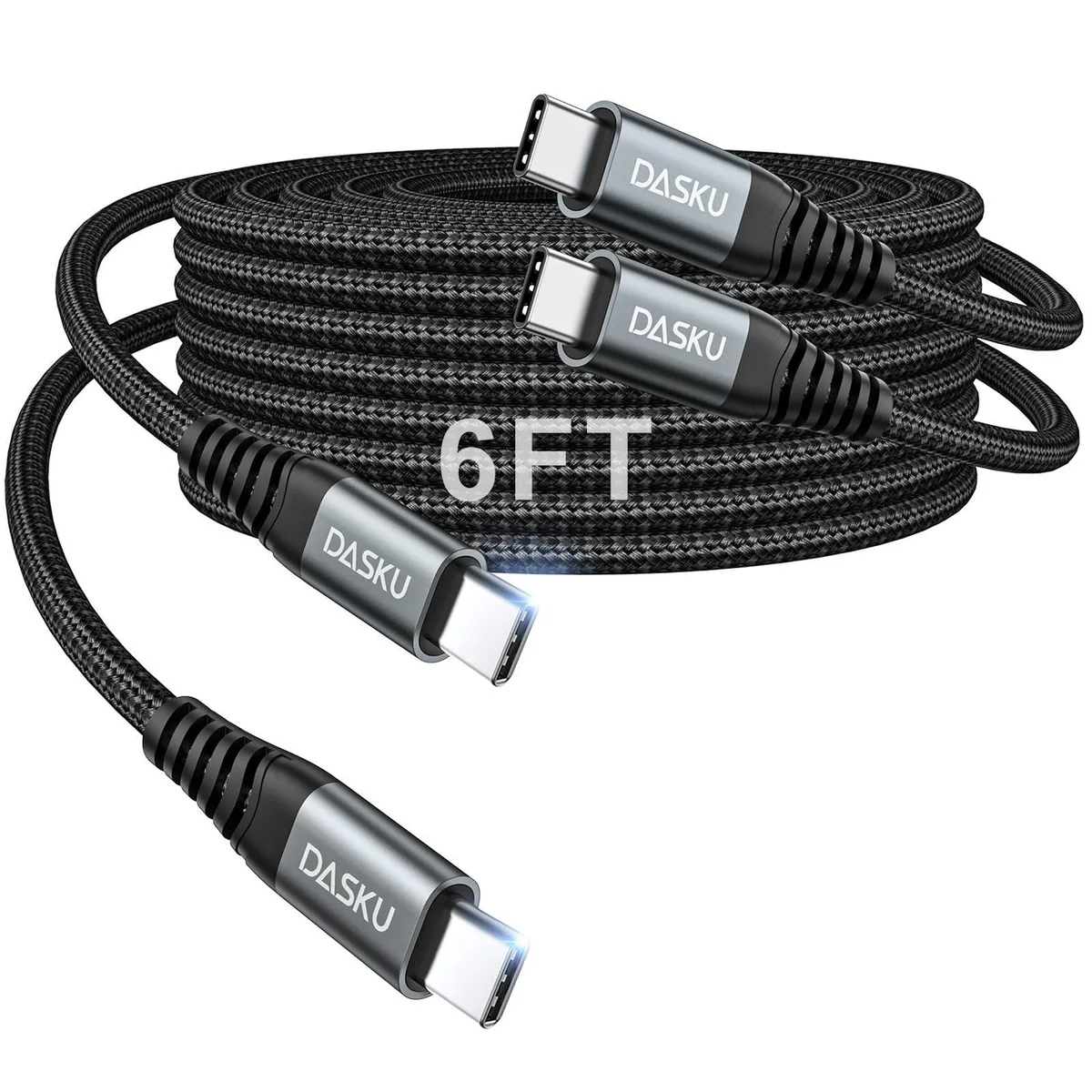 Orange braided USB-C to USB-C cable, three feet long