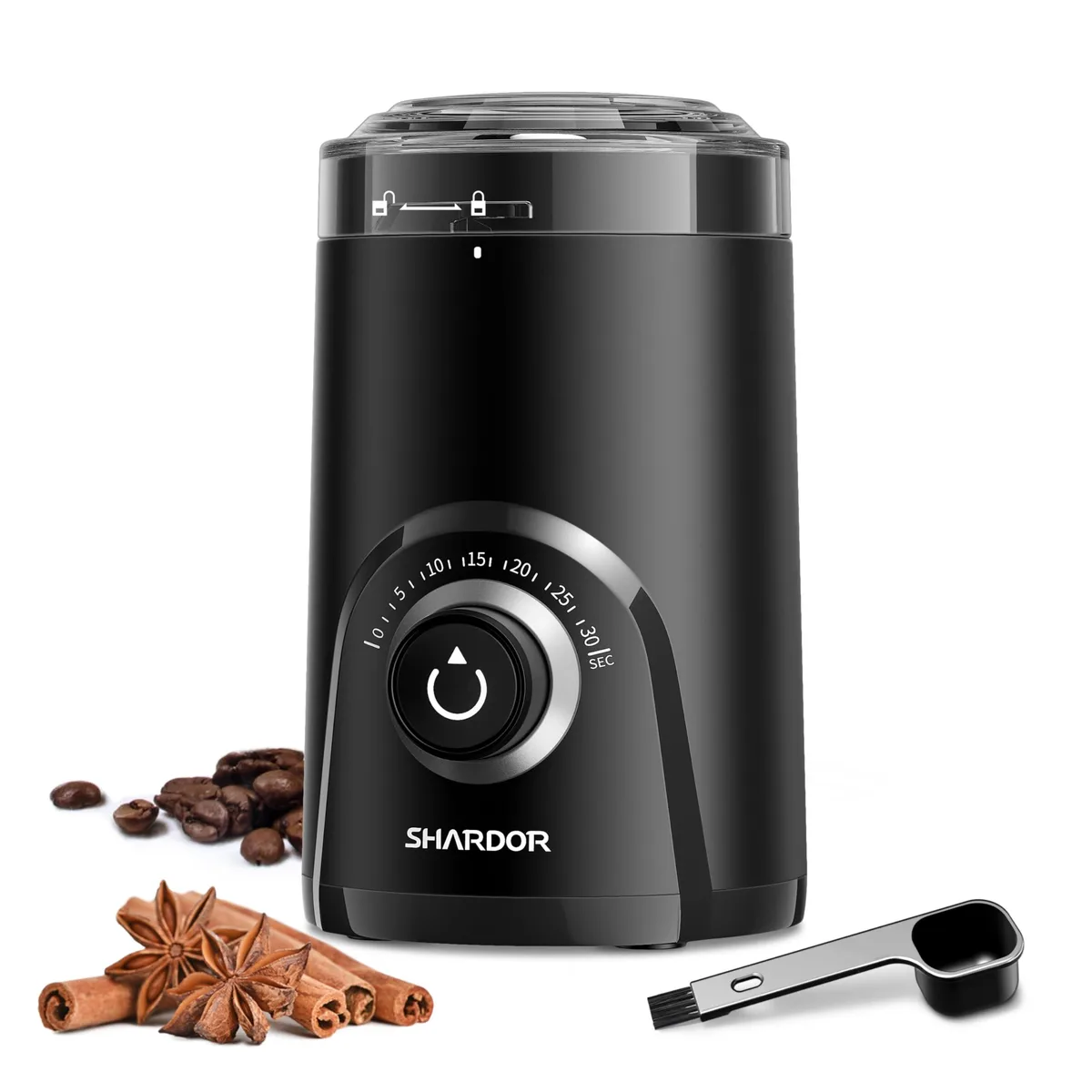 Black electric coffee grinder with clear timing knob and stainless steel finish