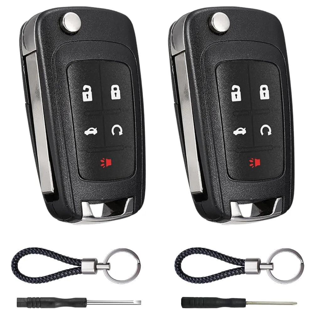 Two black plastic flip-key fob shells with five buttons each, uncut metal blades, key rings and two mini screwdrivers