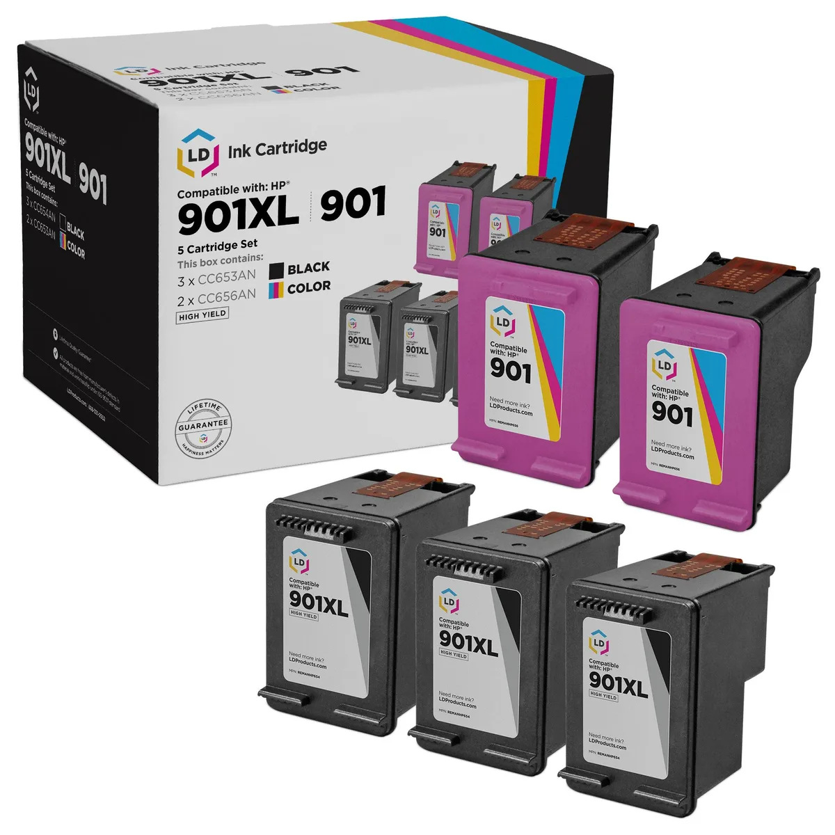 LD Products LD Products HP 901XL/901 Remanufactured Ink Cartridge 5-Pack (3 Black, 2 Color) — product photo