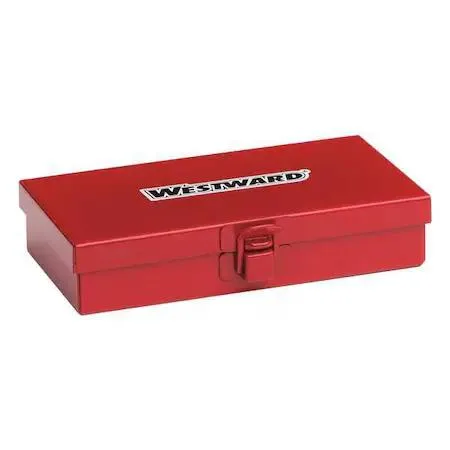 Red steel toolbox with lockable latches, single compartment