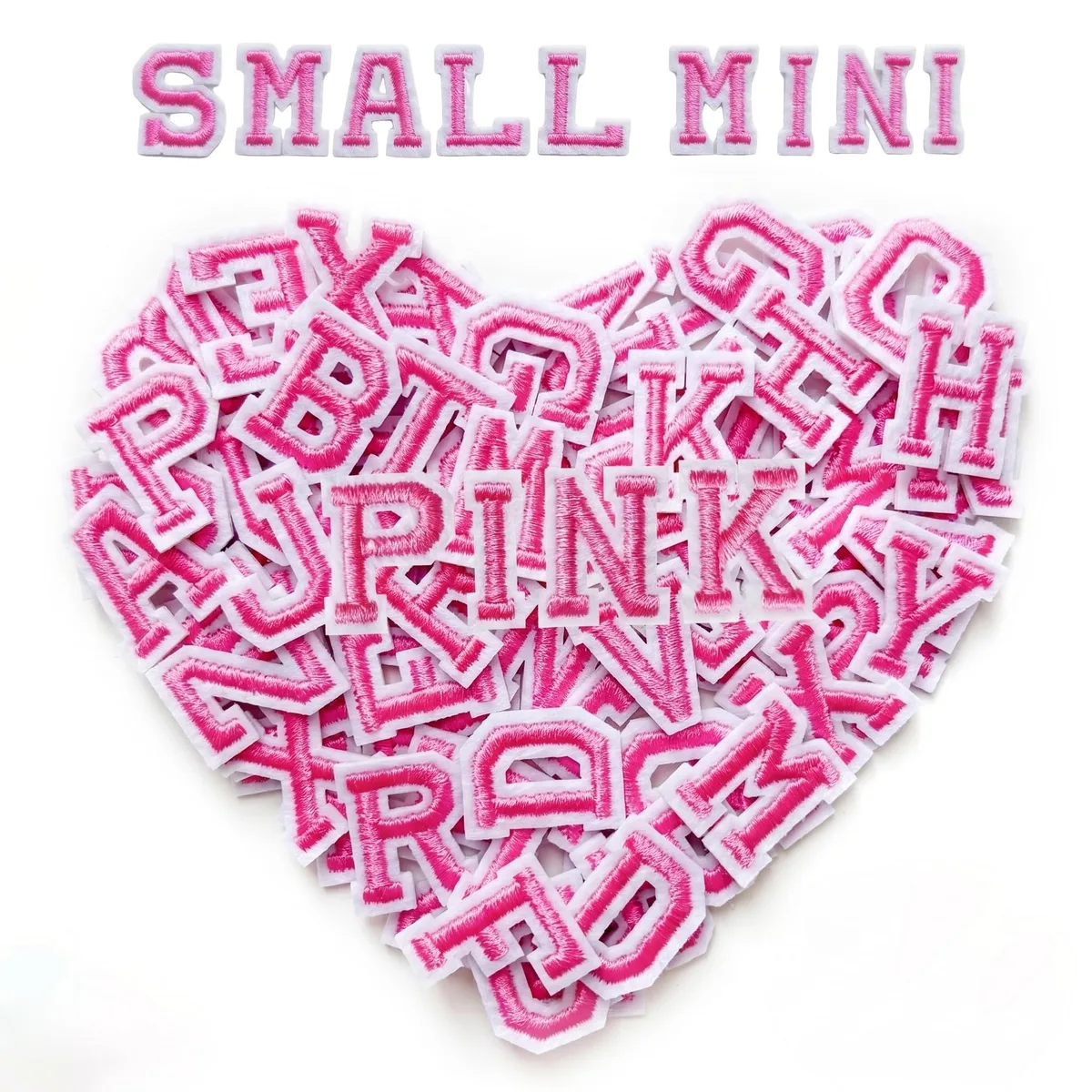 Pink mini embroidered alphabet patches, four sets A-Z, 0.75 inch each, iron-on or sew-on backing