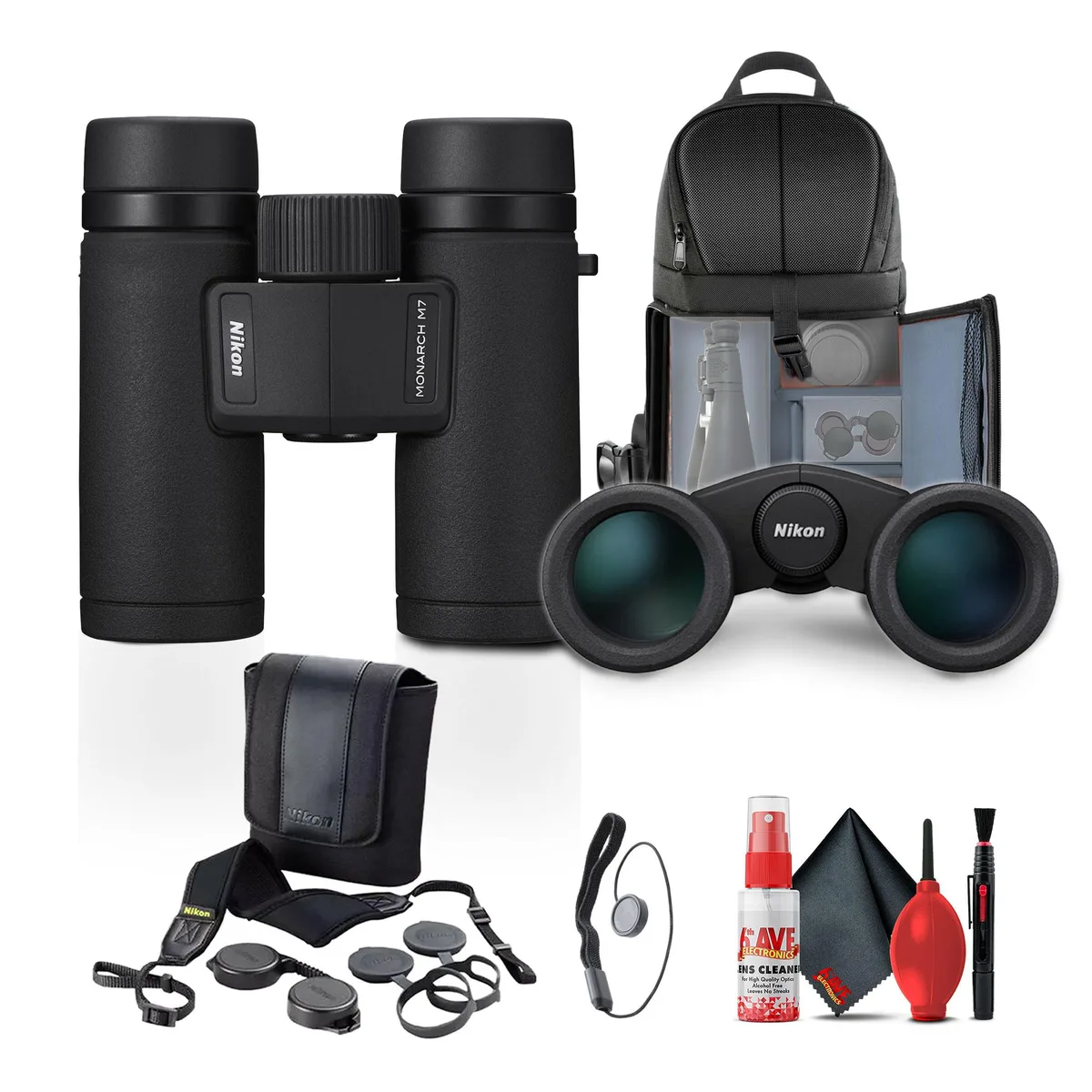 Black roof-prism binoculars with rubber armour, 10x30 objective lenses, sling backpack and cleaning kit